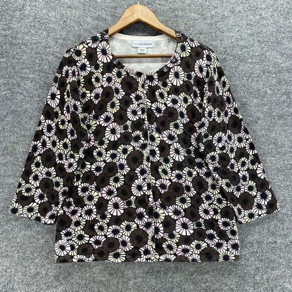 Sag Harbor Sweaters - Sag Harbor Cardigan Women M Medium Black Floral Knit Button Long Sleeve Cotton